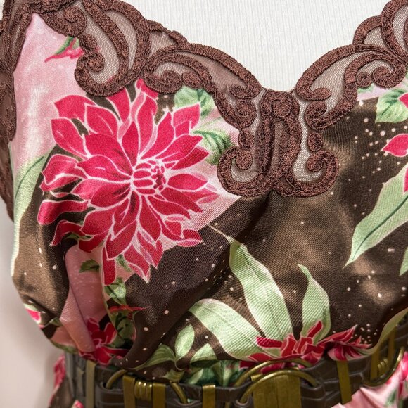 Plus 1X Slip Dress Satin Brown Pink Green Flowers Lace coquette new years bnwot - Picture 4 of 12